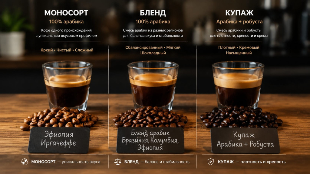 Визуальное сравнение трёх типов кофе