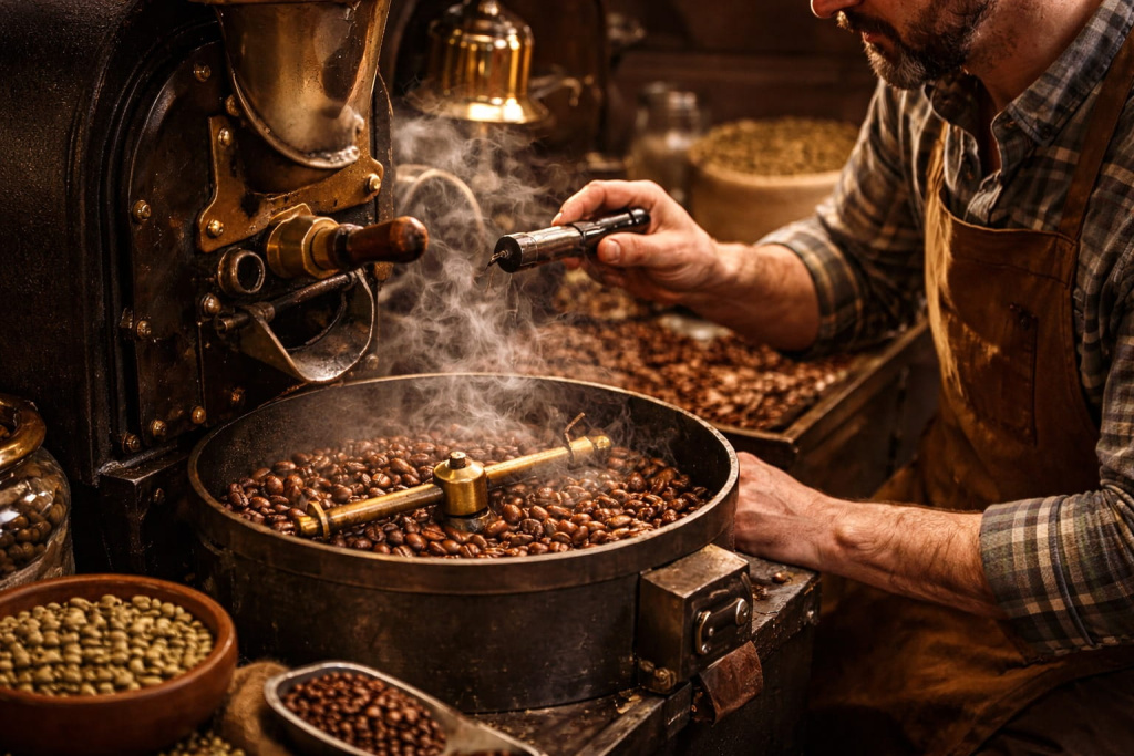 Изображение небольшого производства с кофейным ростером Изображение небольшого производства с кофейным ростером