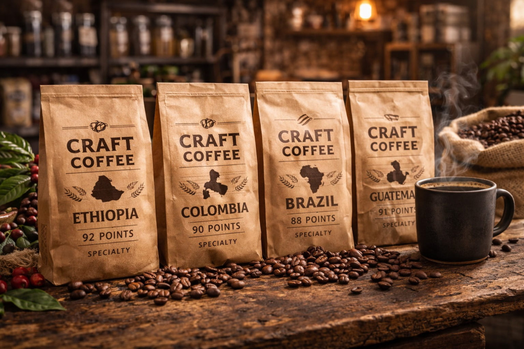 различные упаковки крафтового кофе с указанием страны происхождения различные упаковки крафтового кофе с указанием страны происхождения