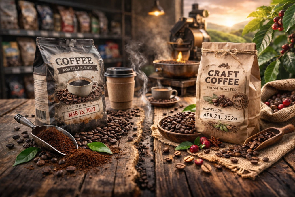 Сравнение старого кофе с упаковкой и свежесобранными зернами Сравнение старого кофе с упаковкой и свежесобранными зернами